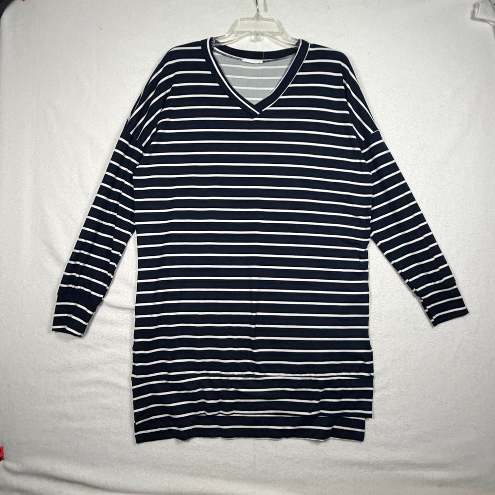Navy Blue White Striped V-Neck by Reborn J Long Sleeve Oversized Med Tunic Dress